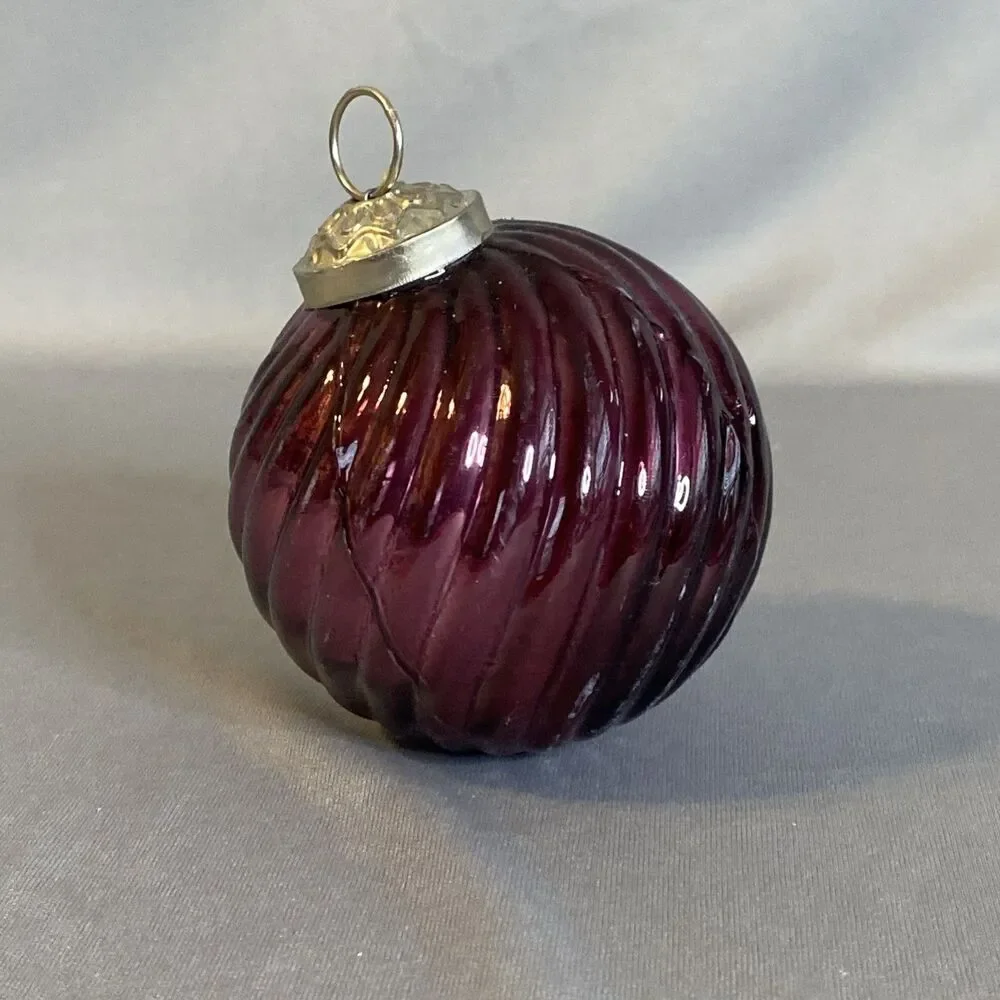 Kugel Inspired Blown Glass Ball Ornament Purple Ribbed Swirl Christmas Decor